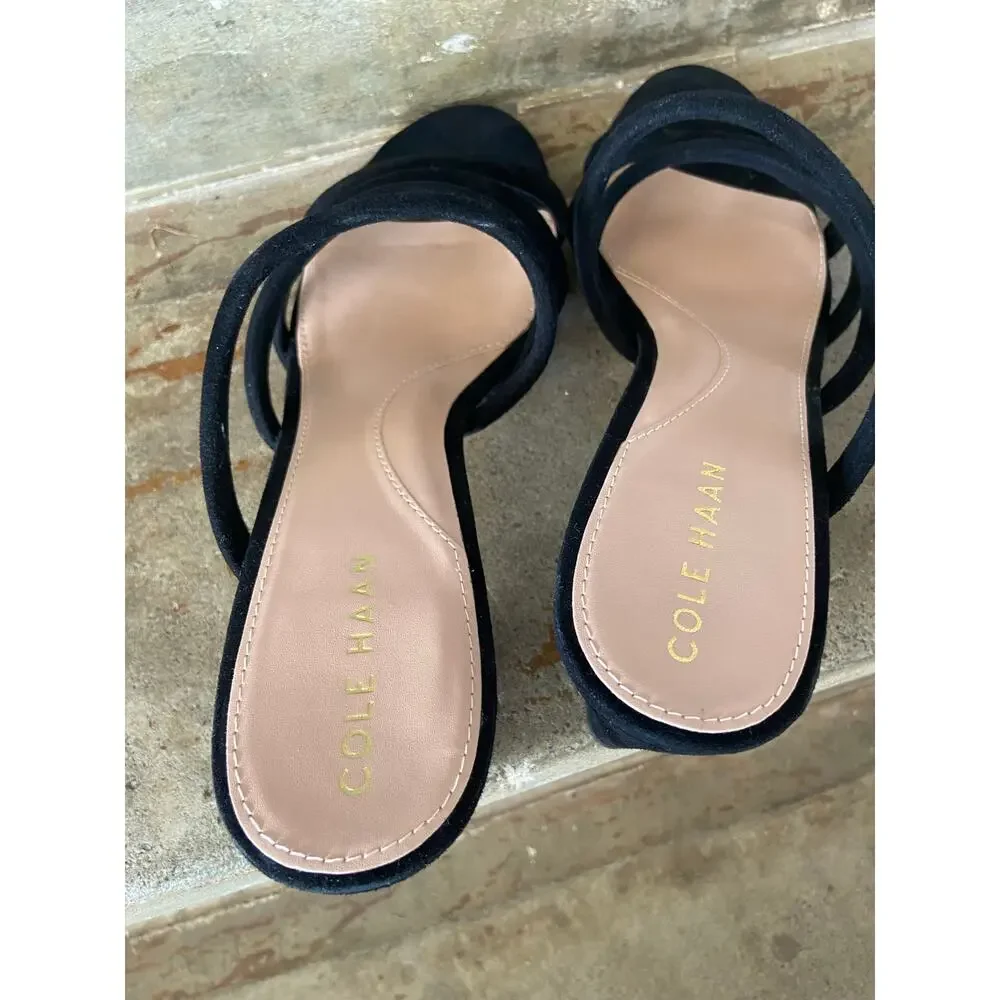 Cole Haan black suede strappy heeled slip on sandals